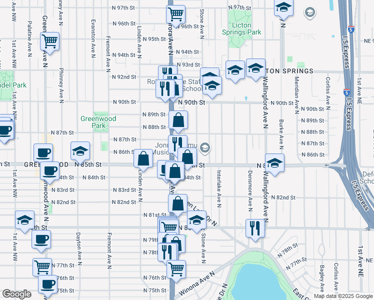 map of restaurants, bars, coffee shops, grocery stores, and more near 8526 Nesbit Avenue North in Seattle