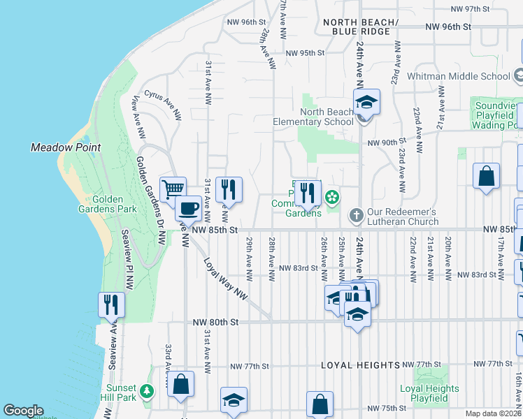 map of restaurants, bars, coffee shops, grocery stores, and more near 8604 29th Avenue Northwest in Seattle