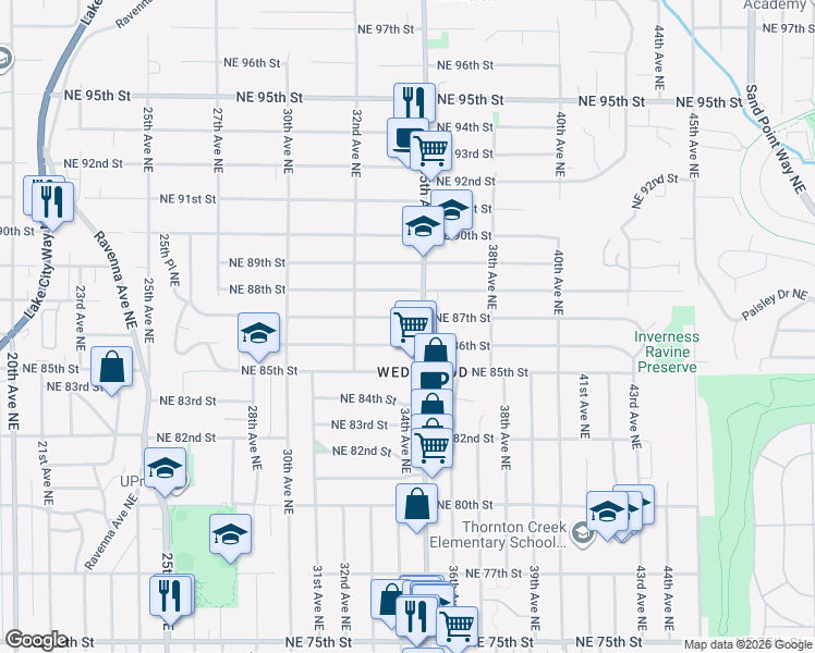 map of restaurants, bars, coffee shops, grocery stores, and more near 3232 Northeast 86th Street in Seattle