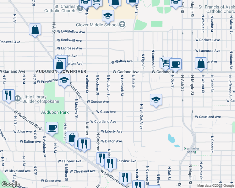 map of restaurants, bars, coffee shops, grocery stores, and more near 2311 West Kiernan Avenue in Spokane