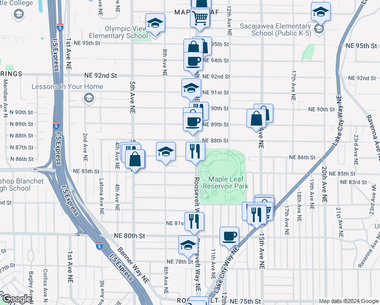 map of restaurants, bars, coffee shops, grocery stores, and more near 8618 Roosevelt Way Northeast in Seattle
