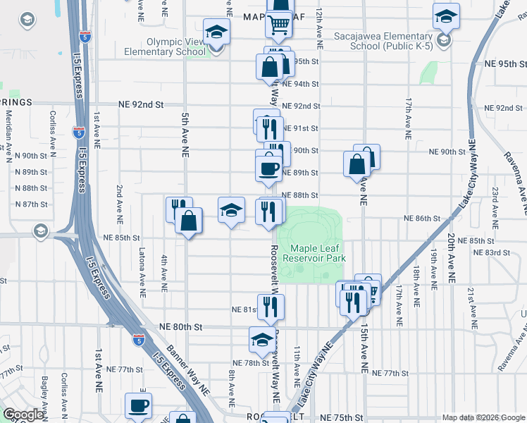 map of restaurants, bars, coffee shops, grocery stores, and more near 831 Northeast 86th Street in Seattle