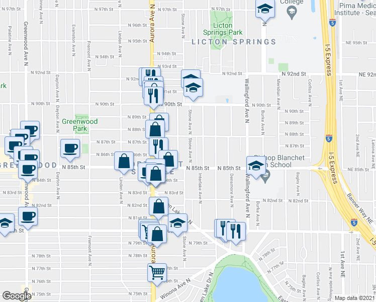 map of restaurants, bars, coffee shops, grocery stores, and more near 8513B Stone Avenue North in Seattle