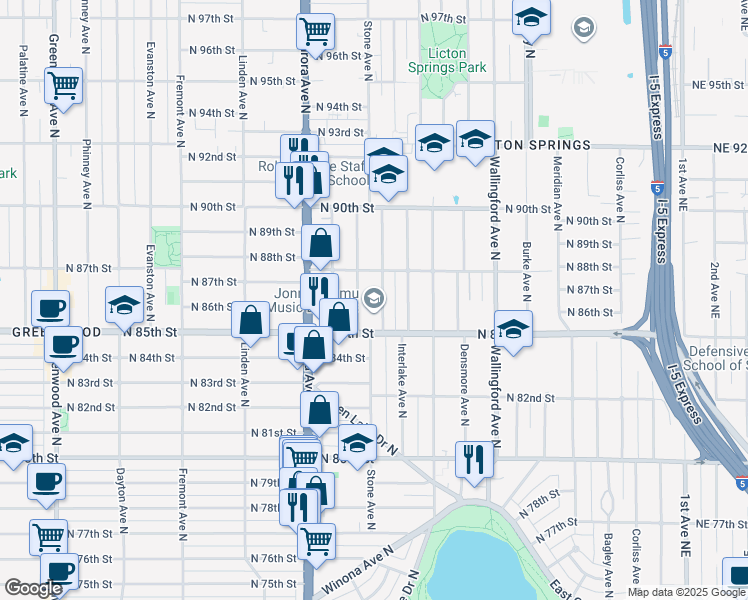 map of restaurants, bars, coffee shops, grocery stores, and more near 8513B Stone Avenue North in Seattle