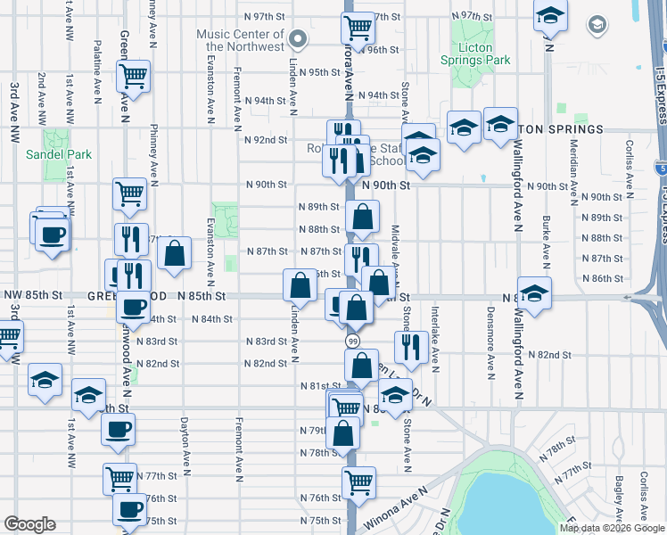 map of restaurants, bars, coffee shops, grocery stores, and more near 929 North 86th Street in Seattle