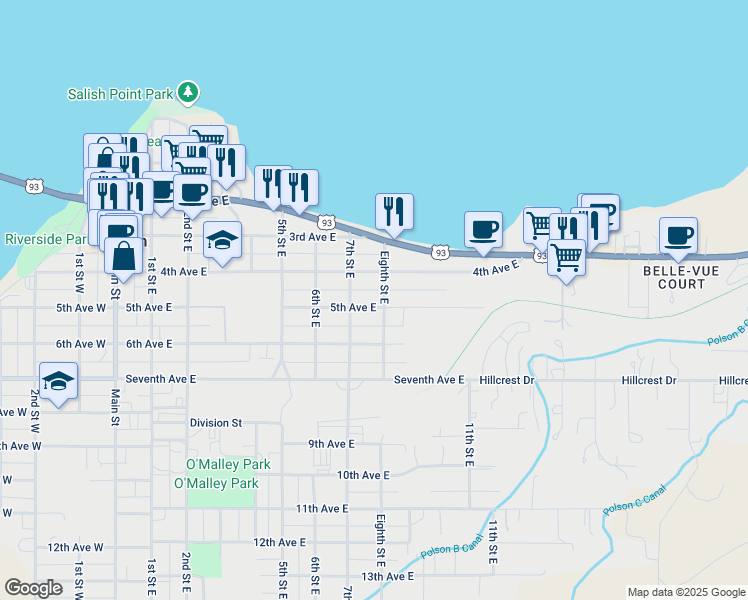 map of restaurants, bars, coffee shops, grocery stores, and more near 709 5th Avenue East in Polson
