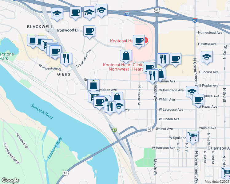 map of restaurants, bars, coffee shops, grocery stores, and more near 1721 Ammon Place in Coeur d'Alene
