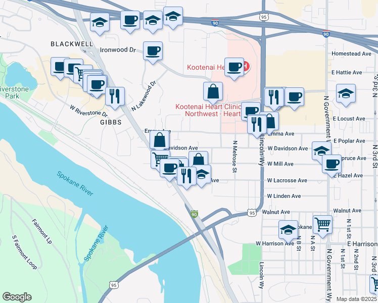 map of restaurants, bars, coffee shops, grocery stores, and more near 1724 North Solomon Court in Coeur d'Alene