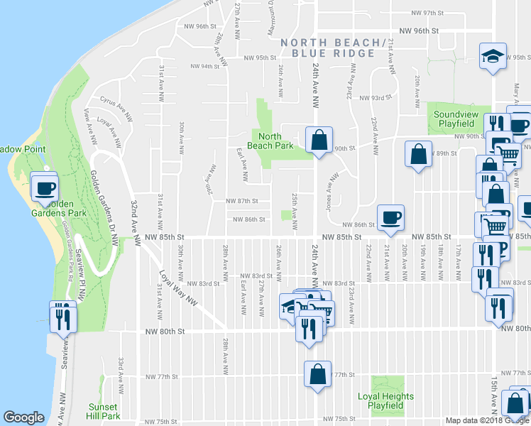 map of restaurants, bars, coffee shops, grocery stores, and more near 2606 Northwest 86th Street in Seattle
