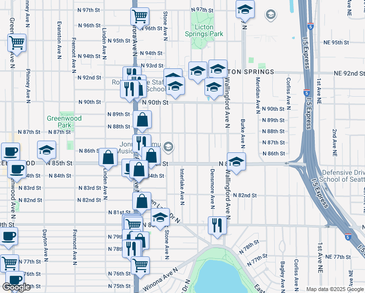 map of restaurants, bars, coffee shops, grocery stores, and more near 8516 Interlake Avenue North in Seattle
