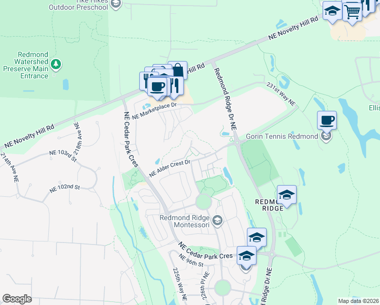 map of restaurants, bars, coffee shops, grocery stores, and more near 22522 Northeast 102nd Place in Redmond