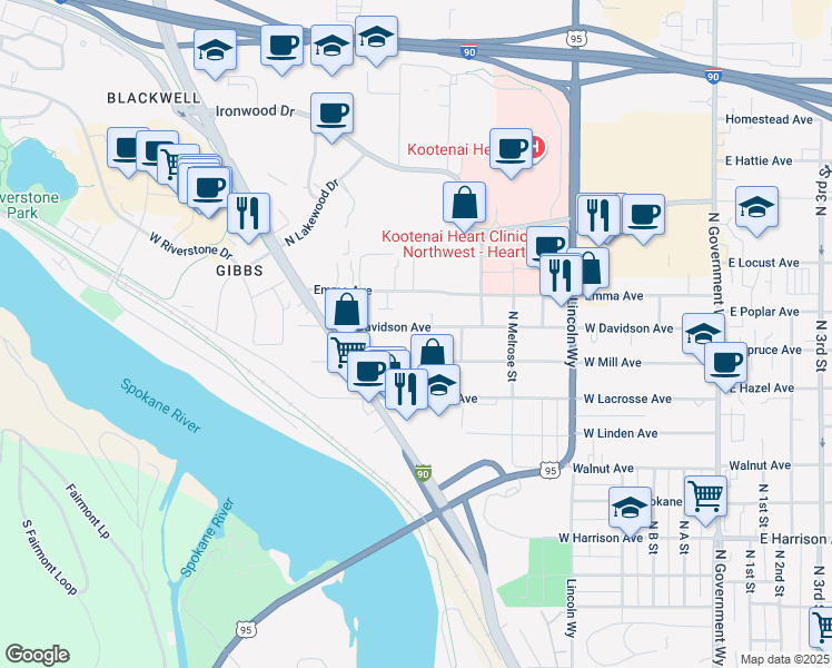 map of restaurants, bars, coffee shops, grocery stores, and more near 1724 North Solomon Court in Coeur d'Alene