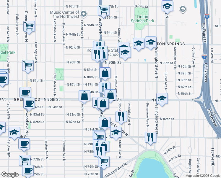 map of restaurants, bars, coffee shops, grocery stores, and more near 8532 Nesbit Avenue North in Seattle
