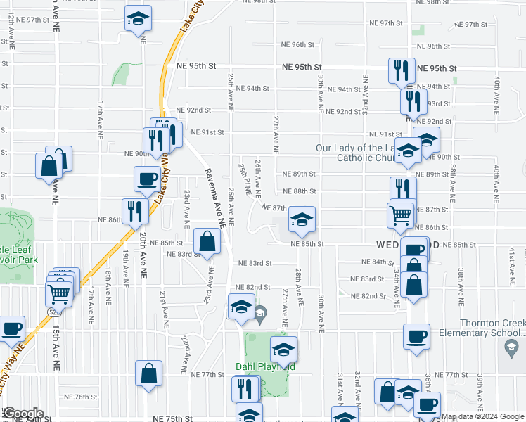 map of restaurants, bars, coffee shops, grocery stores, and more near 2615 Northeast 87th Street in Seattle