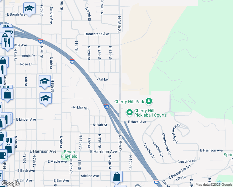 map of restaurants, bars, coffee shops, grocery stores, and more near 1735 North 15th Street in Coeur d'Alene