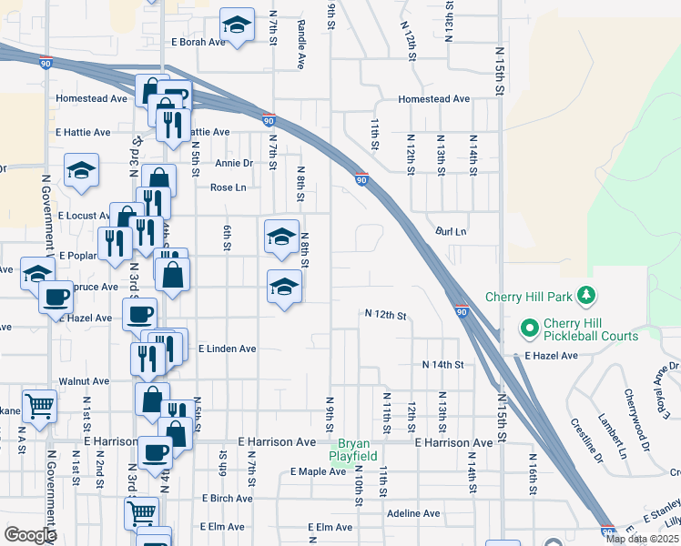 map of restaurants, bars, coffee shops, grocery stores, and more near 910 East Spruce Avenue in Coeur d'Alene