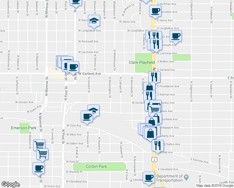 map of restaurants, bars, coffee shops, grocery stores, and more near 3604 North Calispel Street in Spokane