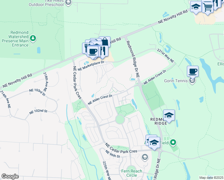 map of restaurants, bars, coffee shops, grocery stores, and more near 22522 Northeast 102nd Place in Redmond