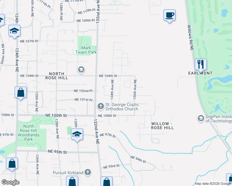 map of restaurants, bars, coffee shops, grocery stores, and more near 10172 134th Place Northeast in Kirkland