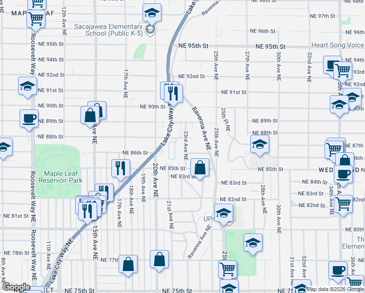 map of restaurants, bars, coffee shops, grocery stores, and more near 8540 23rd Avenue Northeast in Seattle