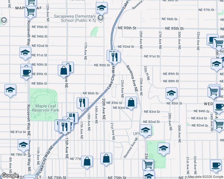 map of restaurants, bars, coffee shops, grocery stores, and more near 8605 21st Place Northeast in Seattle