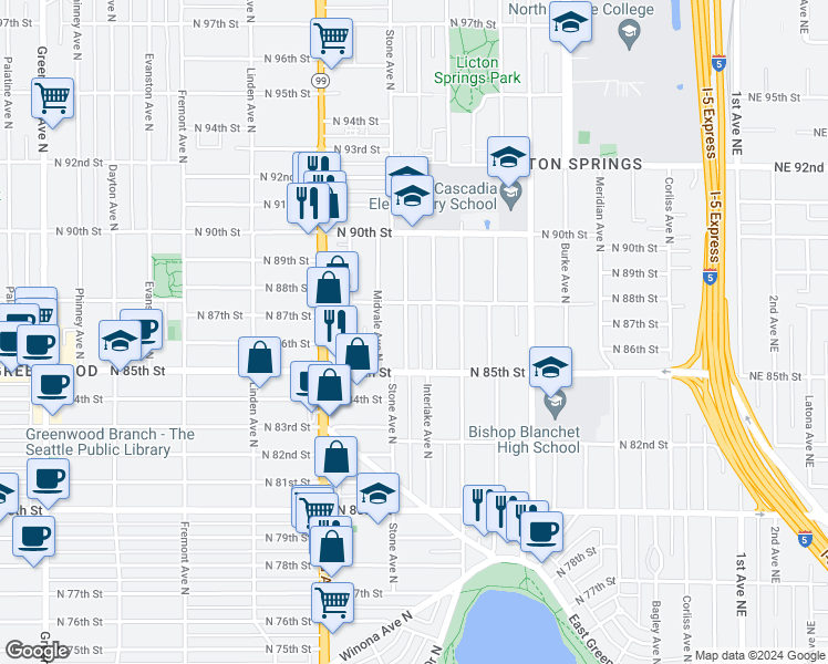 map of restaurants, bars, coffee shops, grocery stores, and more near 8513B Stone Avenue North in Seattle