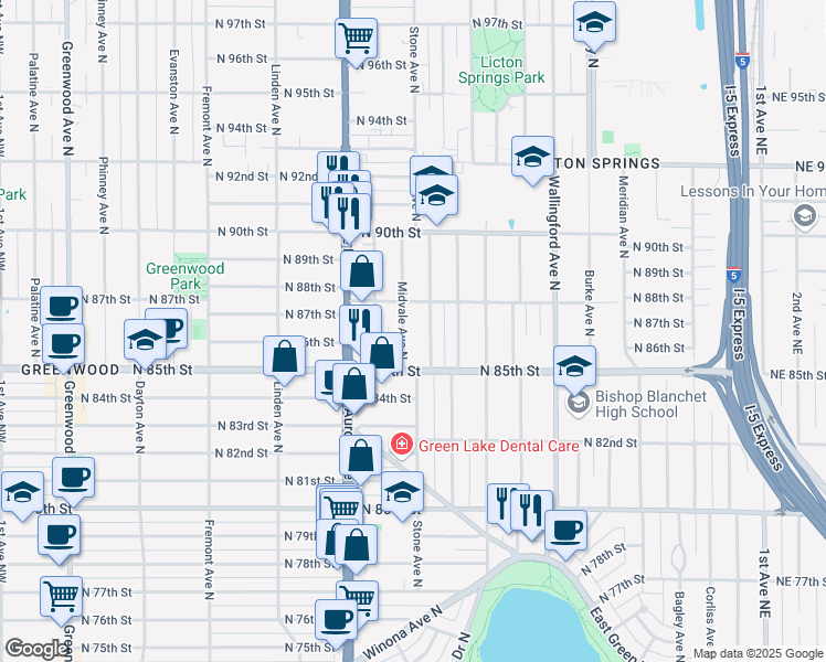 map of restaurants, bars, coffee shops, grocery stores, and more near 8513B Stone Avenue North in Seattle
