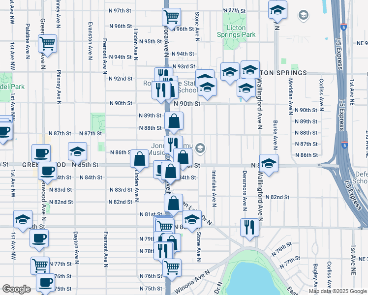 map of restaurants, bars, coffee shops, grocery stores, and more near 8516 Nesbit Avenue North in Seattle