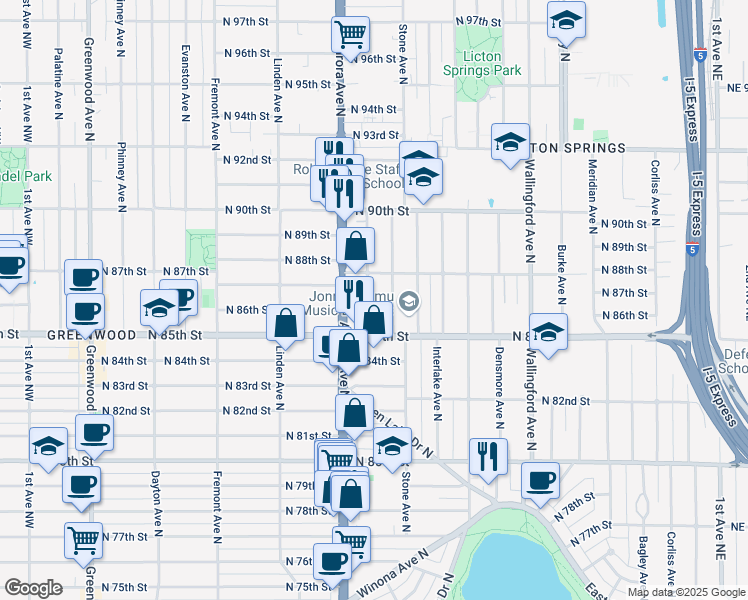 map of restaurants, bars, coffee shops, grocery stores, and more near 8516 Nesbit Avenue North in Seattle