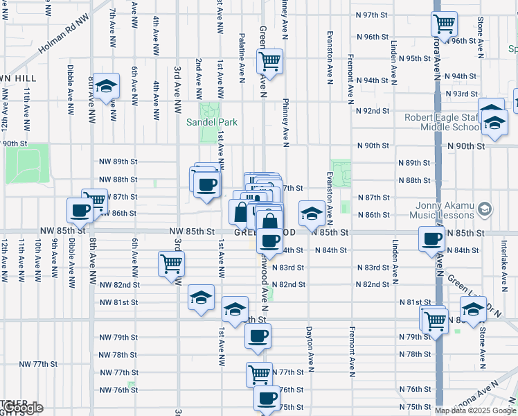 map of restaurants, bars, coffee shops, grocery stores, and more near in Seattle