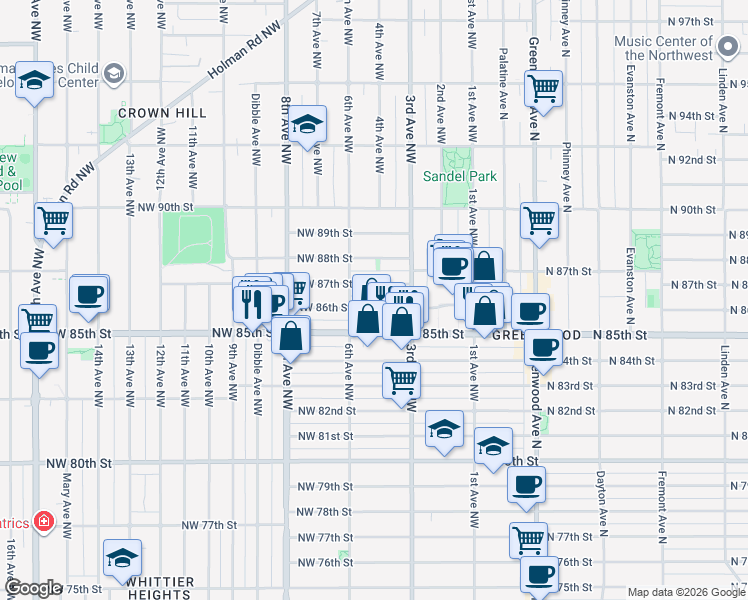 map of restaurants, bars, coffee shops, grocery stores, and more near 346 Northwest 85th Street in Seattle