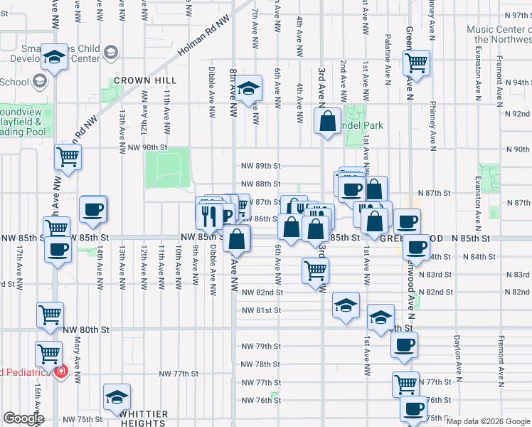 map of restaurants, bars, coffee shops, grocery stores, and more near 614a Northwest 85th Street in Seattle