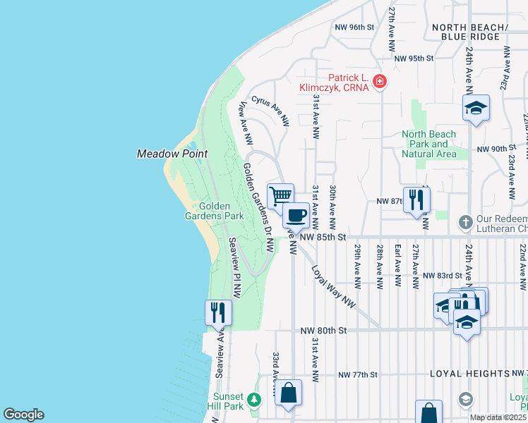 map of restaurants, bars, coffee shops, grocery stores, and more near Golden Gardens Drive Northwest in Seattle