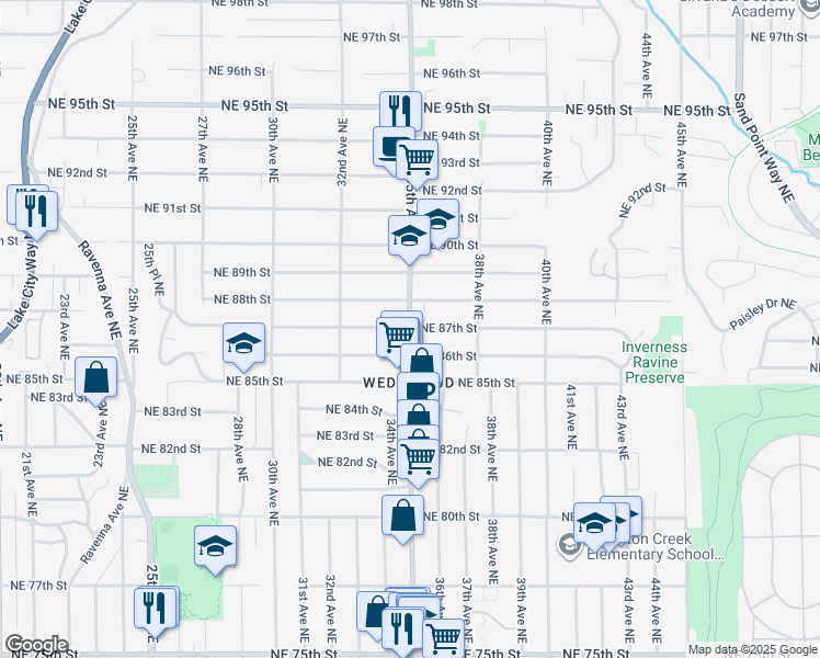 map of restaurants, bars, coffee shops, grocery stores, and more near 8696 35th Avenue Northeast in Seattle