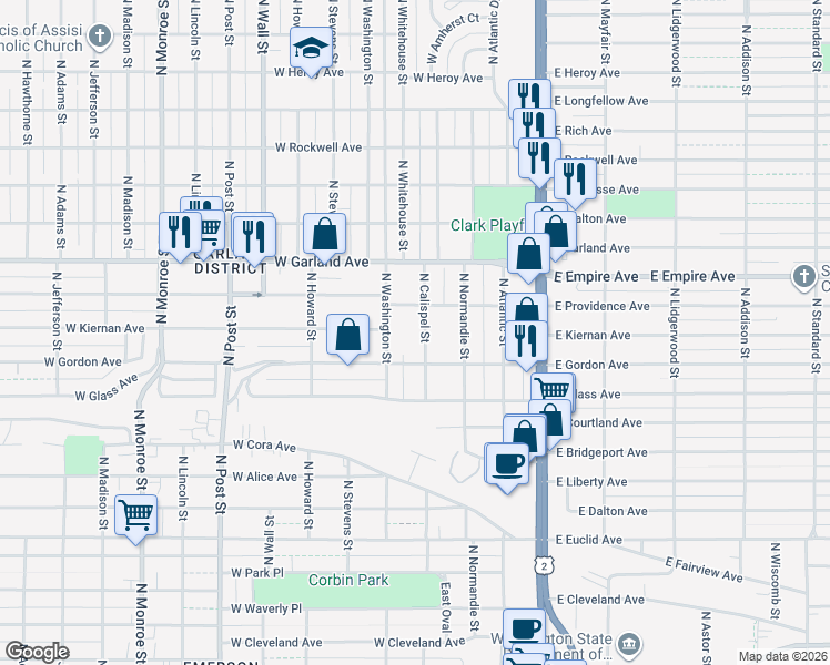 map of restaurants, bars, coffee shops, grocery stores, and more near 3703 North Calispel Street in Spokane