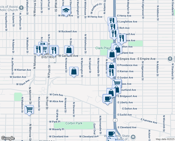 map of restaurants, bars, coffee shops, grocery stores, and more near 3604 North Calispel Street in Spokane