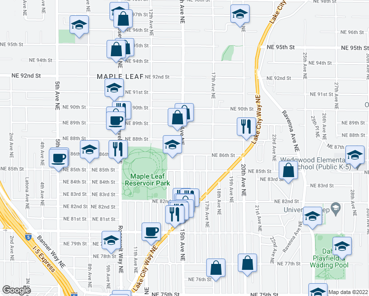 map of restaurants, bars, coffee shops, grocery stores, and more near 8622 15th Avenue Northeast in Seattle