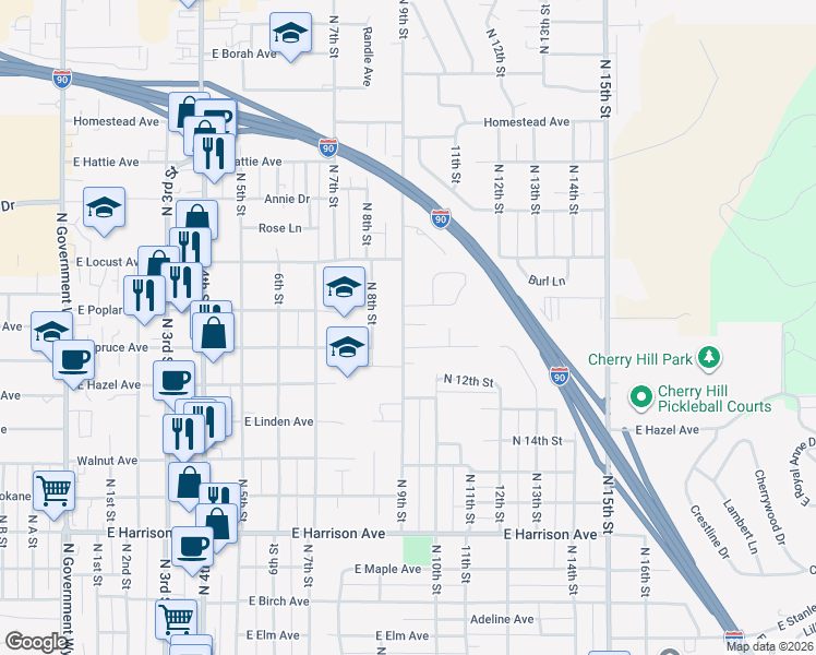 map of restaurants, bars, coffee shops, grocery stores, and more near 910 East Spruce Avenue in Coeur d'Alene