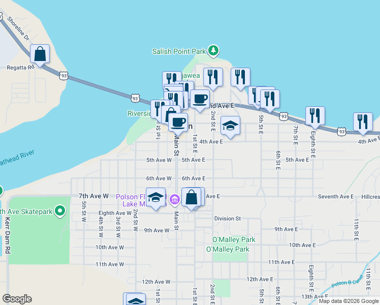 map of restaurants, bars, coffee shops, grocery stores, and more near 502 1st St E in Polson