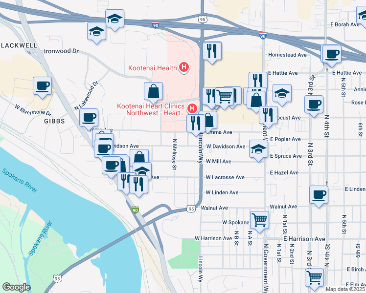map of restaurants, bars, coffee shops, grocery stores, and more near 721 West Mill Avenue in Coeur d'Alene