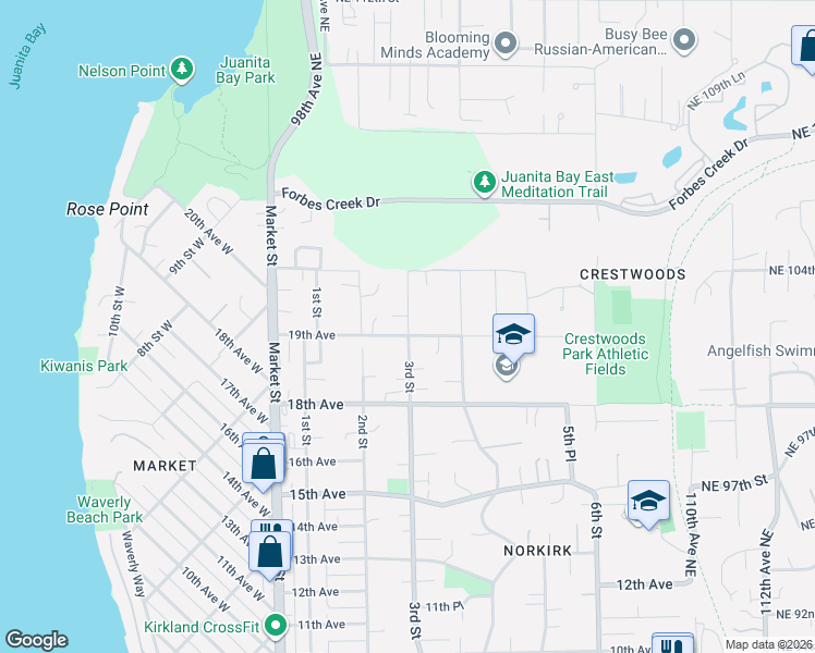 map of restaurants, bars, coffee shops, grocery stores, and more near 1839 3rd Street in Kirkland
