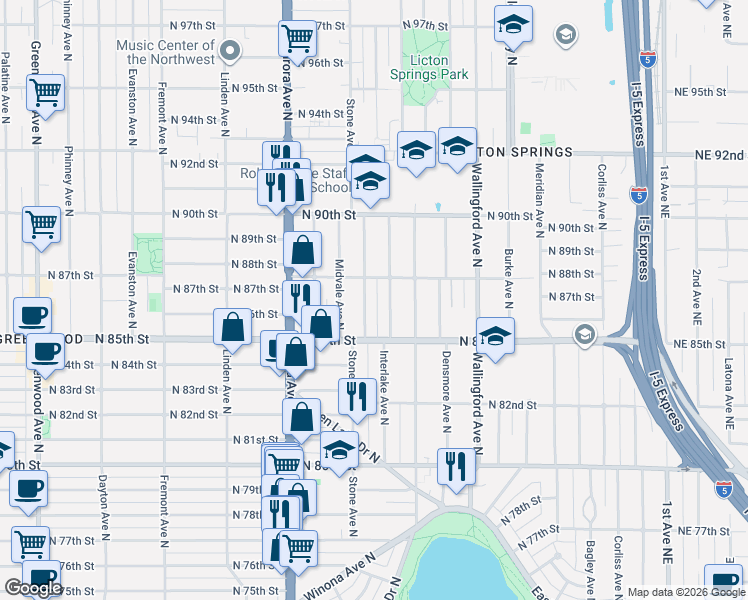 map of restaurants, bars, coffee shops, grocery stores, and more near 8513B Stone Avenue North in Seattle