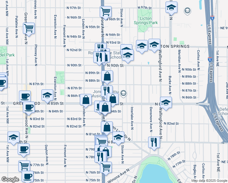 map of restaurants, bars, coffee shops, grocery stores, and more near 8516 Nesbit Avenue North in Seattle