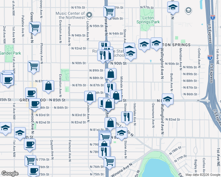 map of restaurants, bars, coffee shops, grocery stores, and more near in Seattle