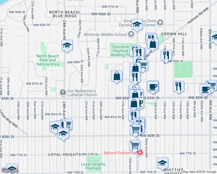 map of restaurants, bars, coffee shops, grocery stores, and more near 8511 18th Avenue Northwest in Seattle