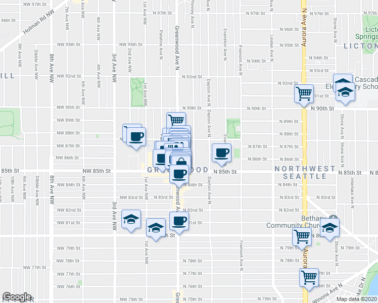 map of restaurants, bars, coffee shops, grocery stores, and more near in Seattle