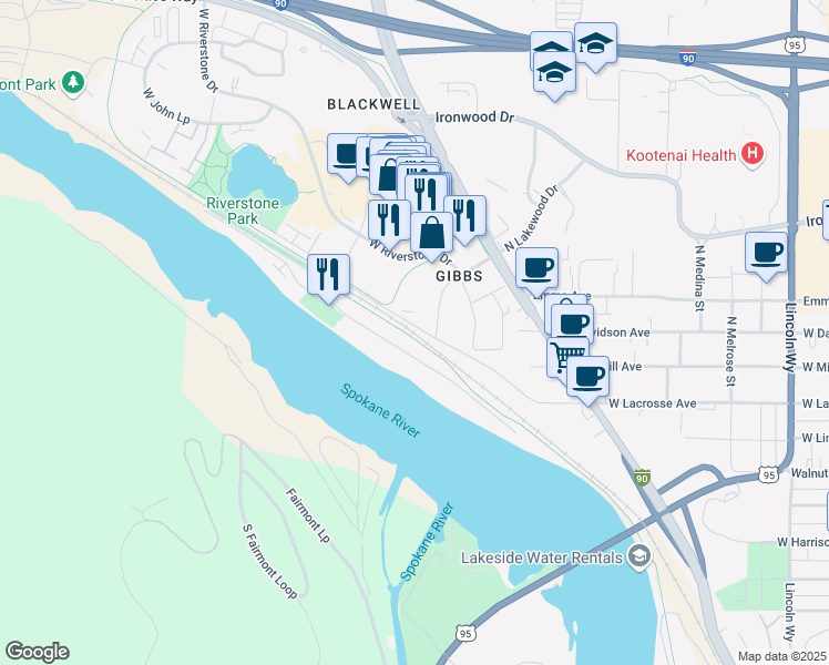 map of restaurants, bars, coffee shops, grocery stores, and more near 1518 West Union Drive in Coeur d'Alene