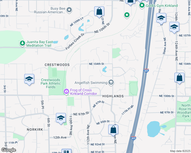map of restaurants, bars, coffee shops, grocery stores, and more near 11217 Northeast 103rd Place in Kirkland