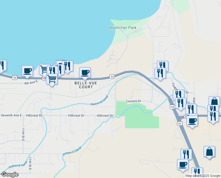 map of restaurants, bars, coffee shops, grocery stores, and more near 2203 Hillcrest Drive in Polson