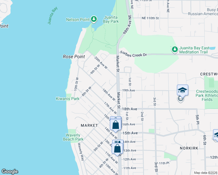 map of restaurants, bars, coffee shops, grocery stores, and more near 1819 7th Street West in Kirkland